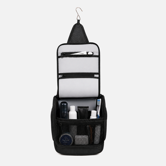 Black hanging toiletry bag with handle and compact travel-friendly design