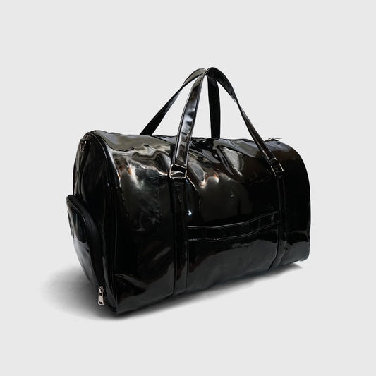 Black travel duffle bag with structured design