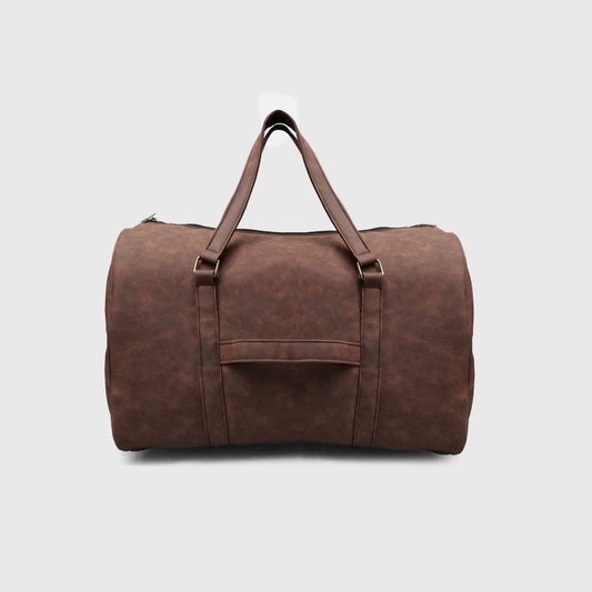 Brown travel duffle bag with structured barrel design