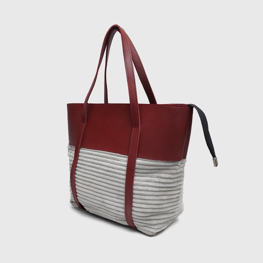 Two tone burgundy and neutral tote bag