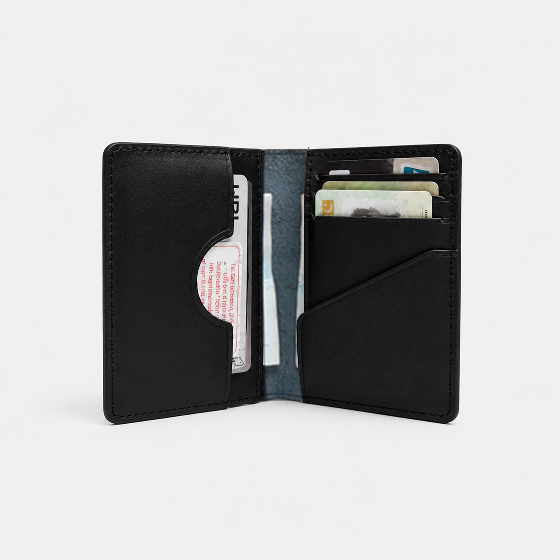 Black bi fold leather card holder wallet opened with multiple card slots and cash compartment in a slim minimalist design.