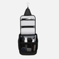 Black hanging toiletry bag with handle and compact travel-friendly design