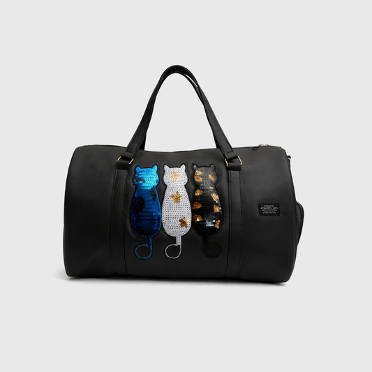 Black sequin cat duffle bag made from synthetic leather by A Tailor Son