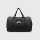 Black synthetic leather duffle bag with embroidered tiger patch by A Tailor Son