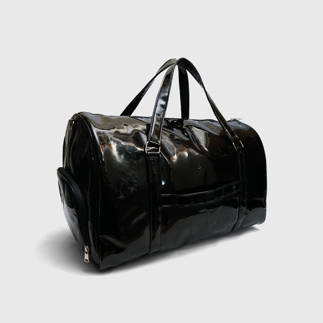 Black travel duffle bag with structured design