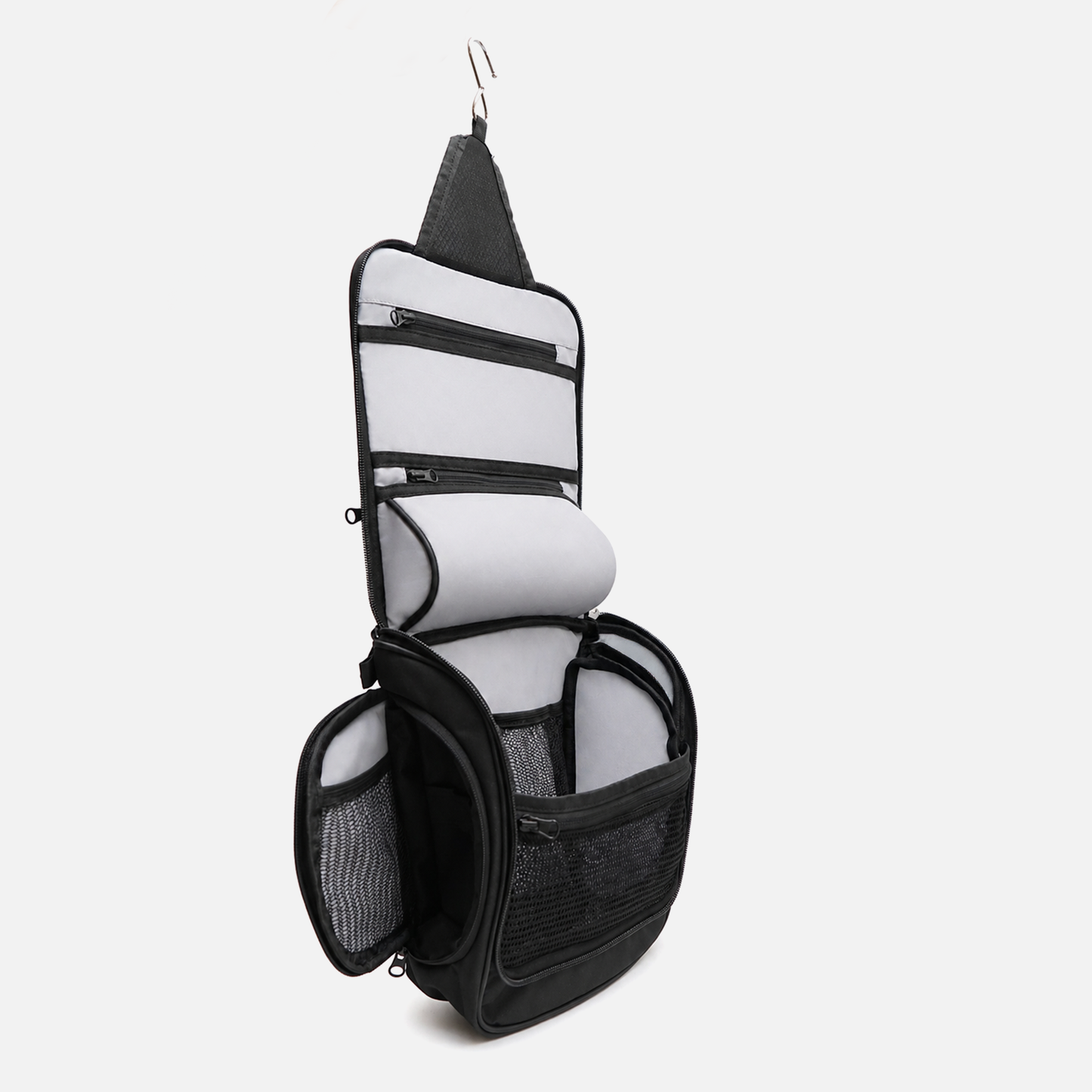 Breathable mesh pocket detail in hanging toiletry bag for visibility and organization