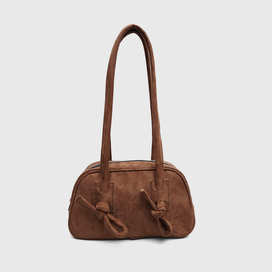 Brown suede shoulder bag with knot detailing
