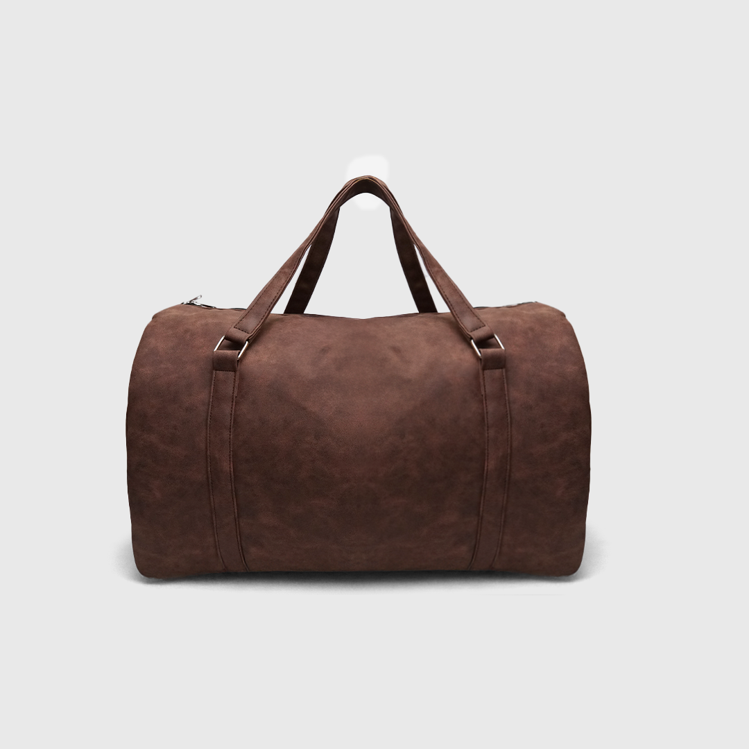 Brown travel duffle bag with structured barrel design