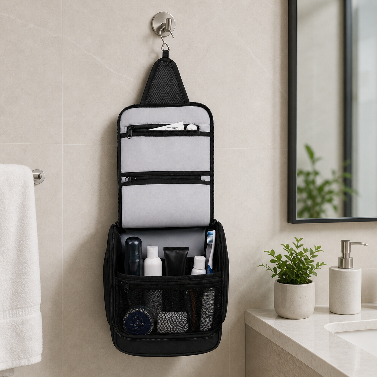 Compact black hanging toiletry bag with multiple compartments and durable build