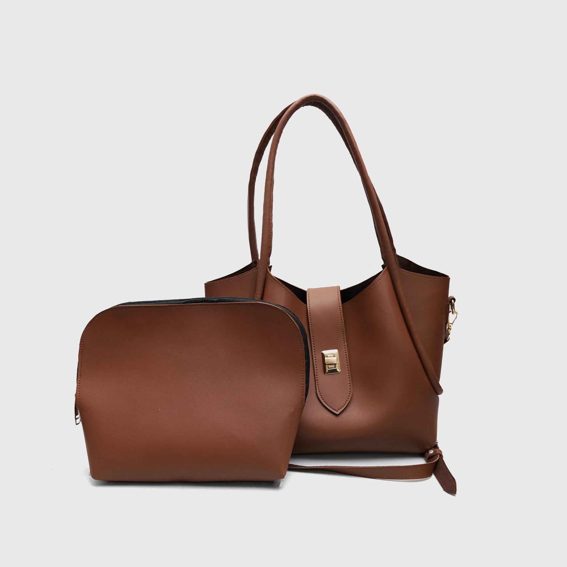 Front view of SIENNA brown shoulder tote bag with adjustable strap