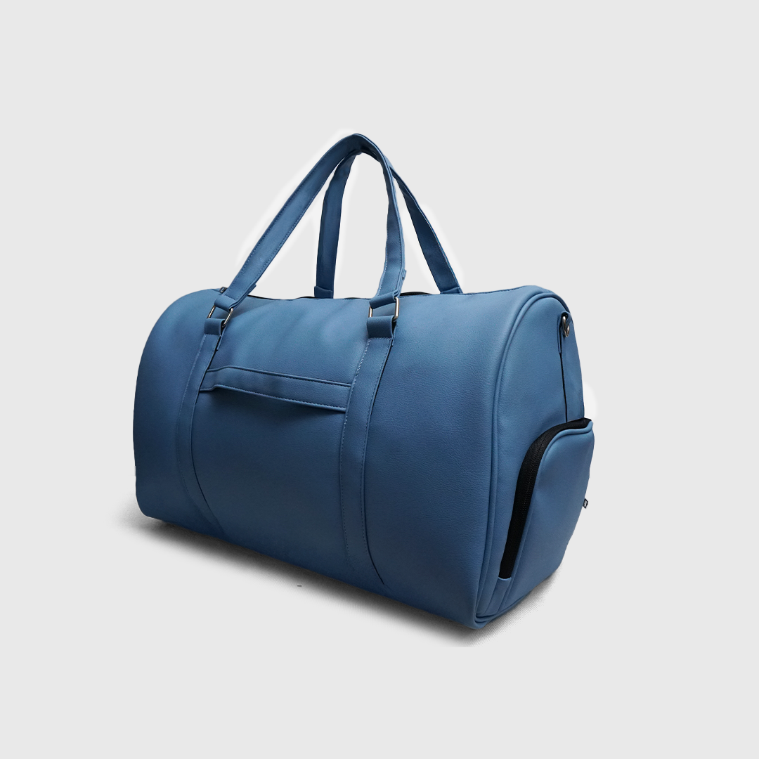 Front view of skyline blue synthetic leather duffle bag
