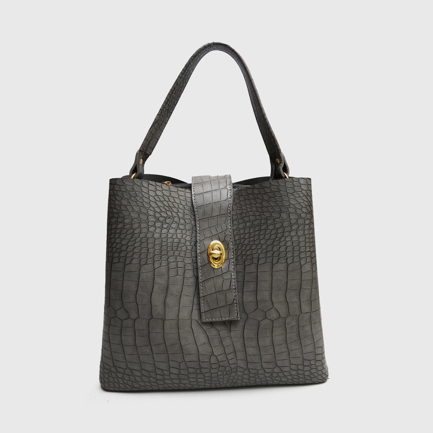 Grey crocodile texture tote bag with gold lock detail