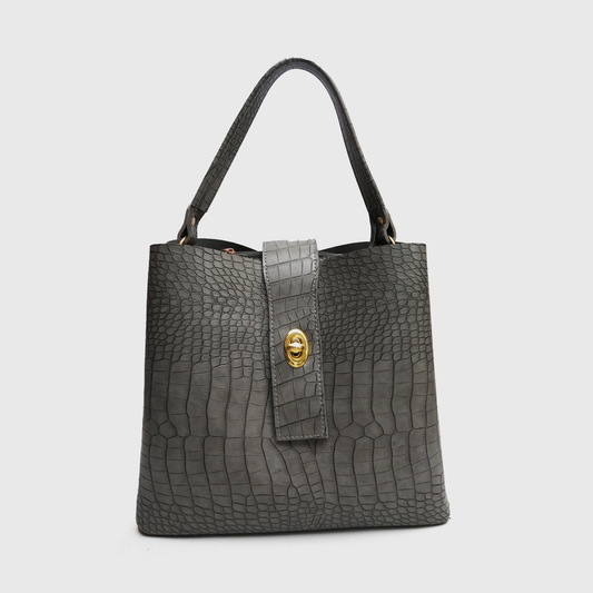Grey crocodile texture tote bag with gold lock detail
