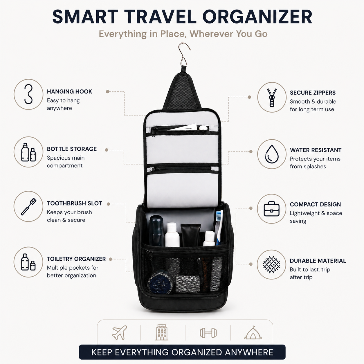 Hanging toiletry bag on bathroom wall with organized grooming and travel items