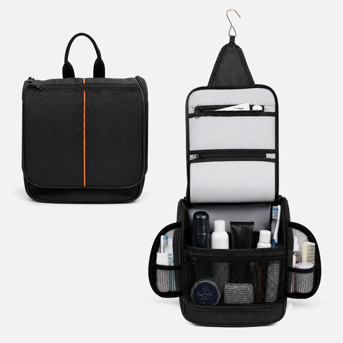 Hanging toiletry bag open with compartments and mesh pockets for organized travel essentials