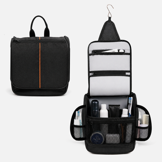 Hanging toiletry bag open with compartments and mesh pockets for organized travel essentials