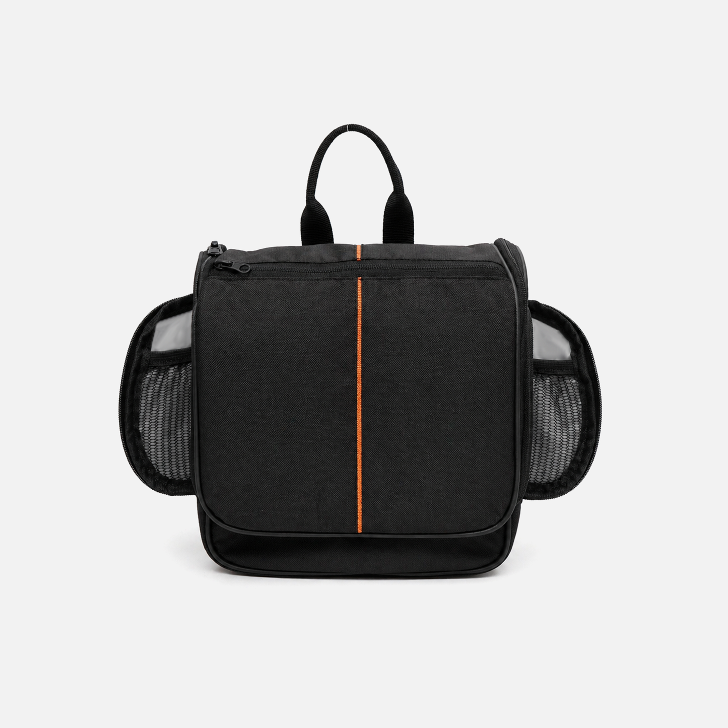 Minimal black toiletry bag with clean design and strong structure for travel use