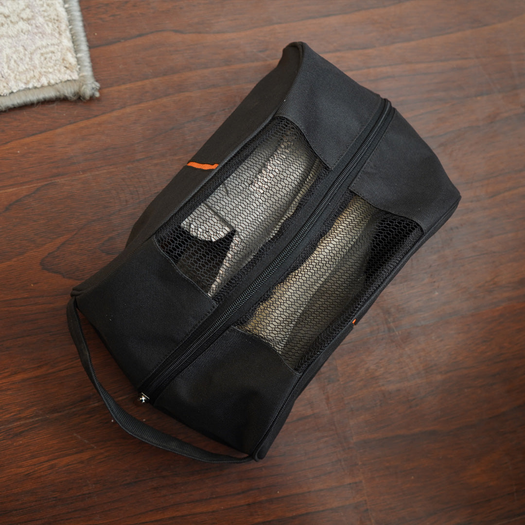 Pack of 3 reusable shoe organizer bags made with durable fabric, airflow mesh design, carry handle, and secure zipper for travel and daily storage.