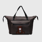 Premium diaper travel bag in brown faux leather featuring teddy patch design, secure top zip closure, side pockets, and lightweight carry design.