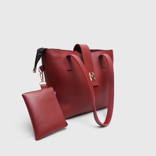 Side angle view of burgundy tote bag for women