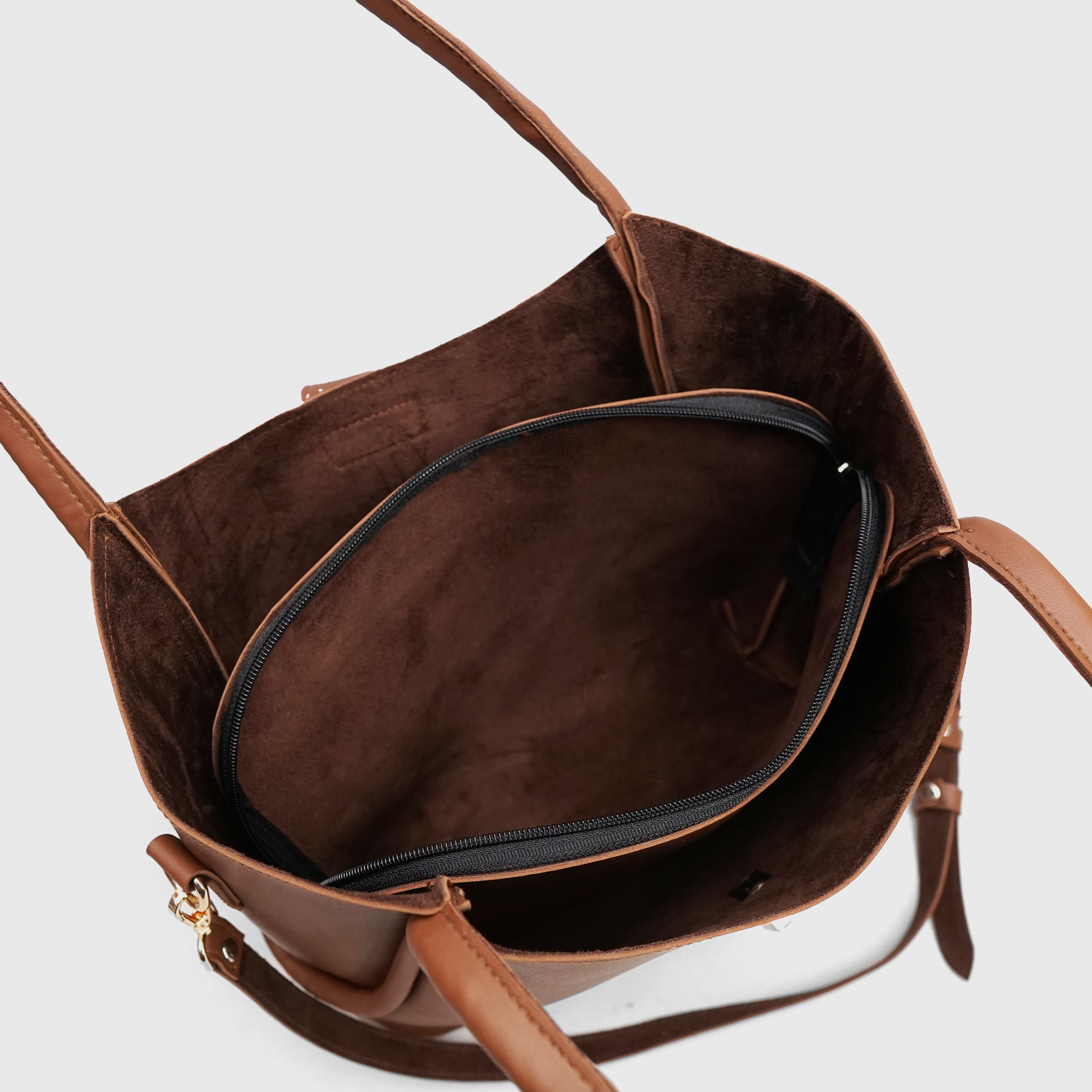 Side profile of premium brown rexine tote bag for women