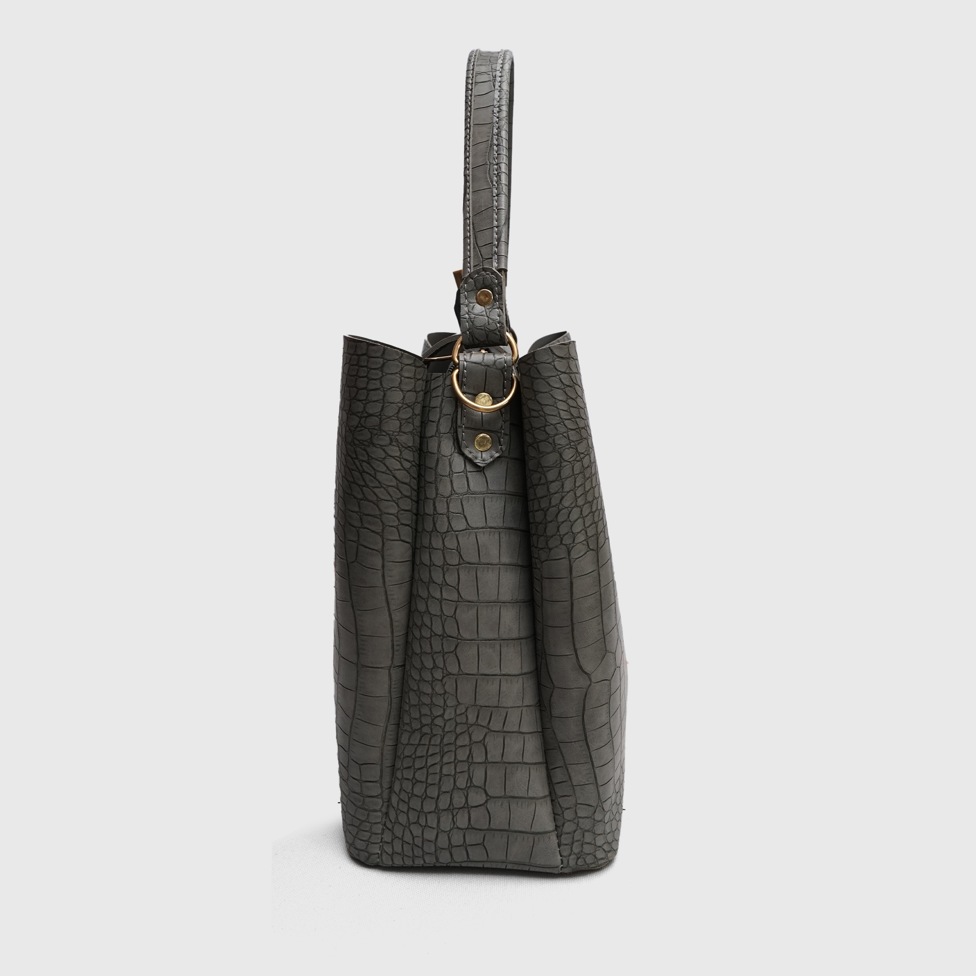 Structured grey luxury tote bag side profile