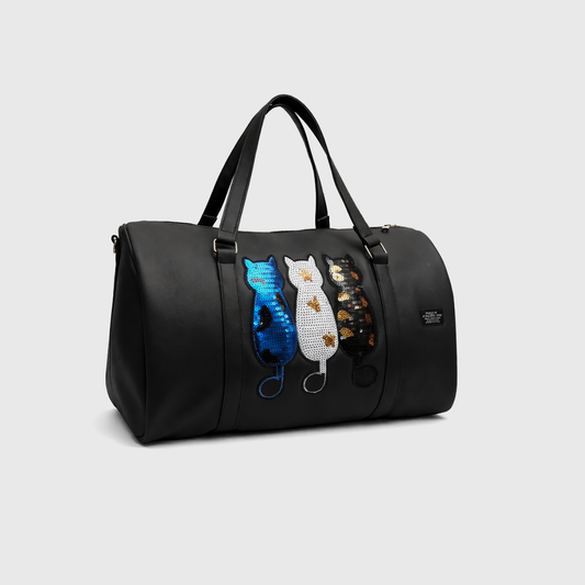 Stylish black travel duffle bag with sequin cat design