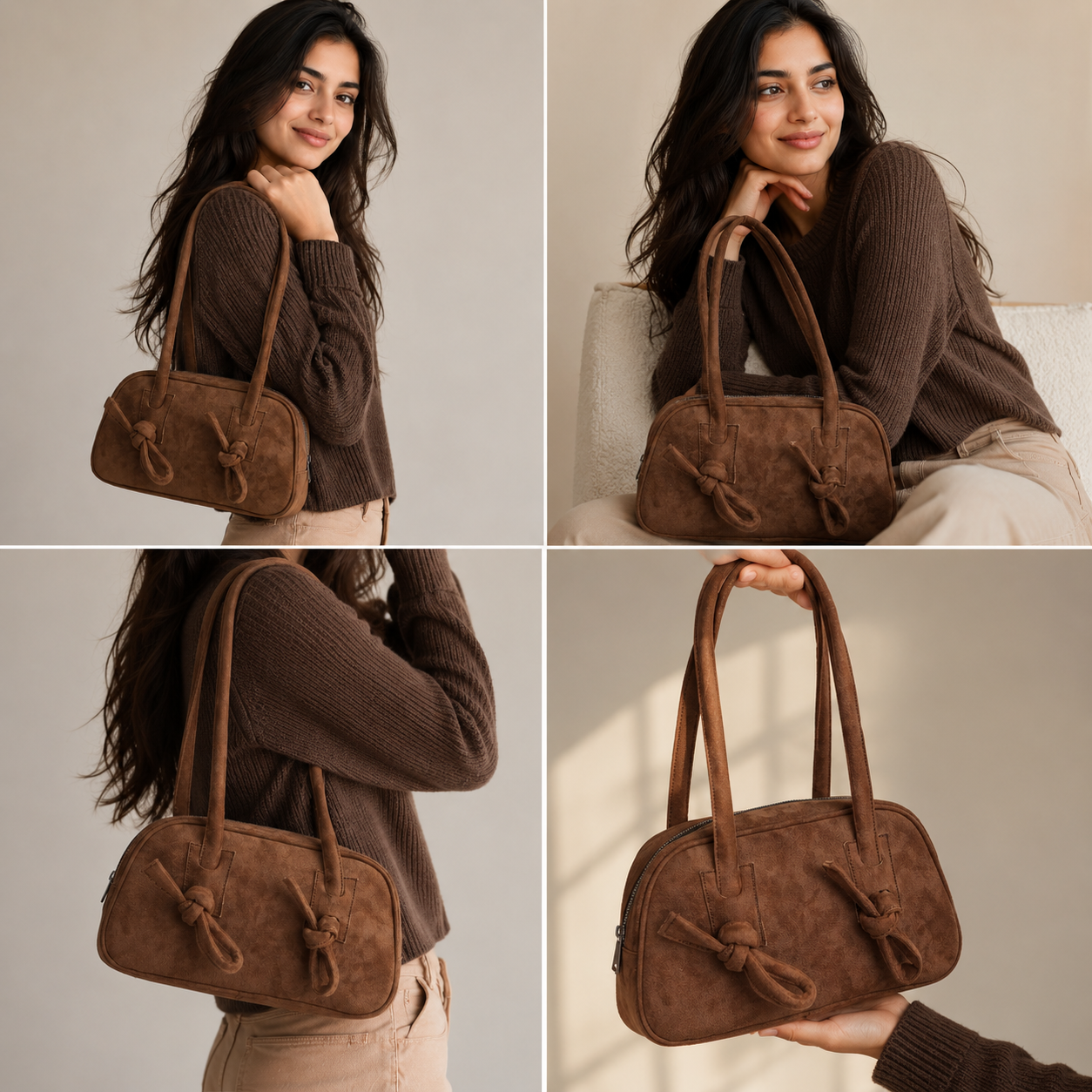 Top zipper view of aesthetic suede purse