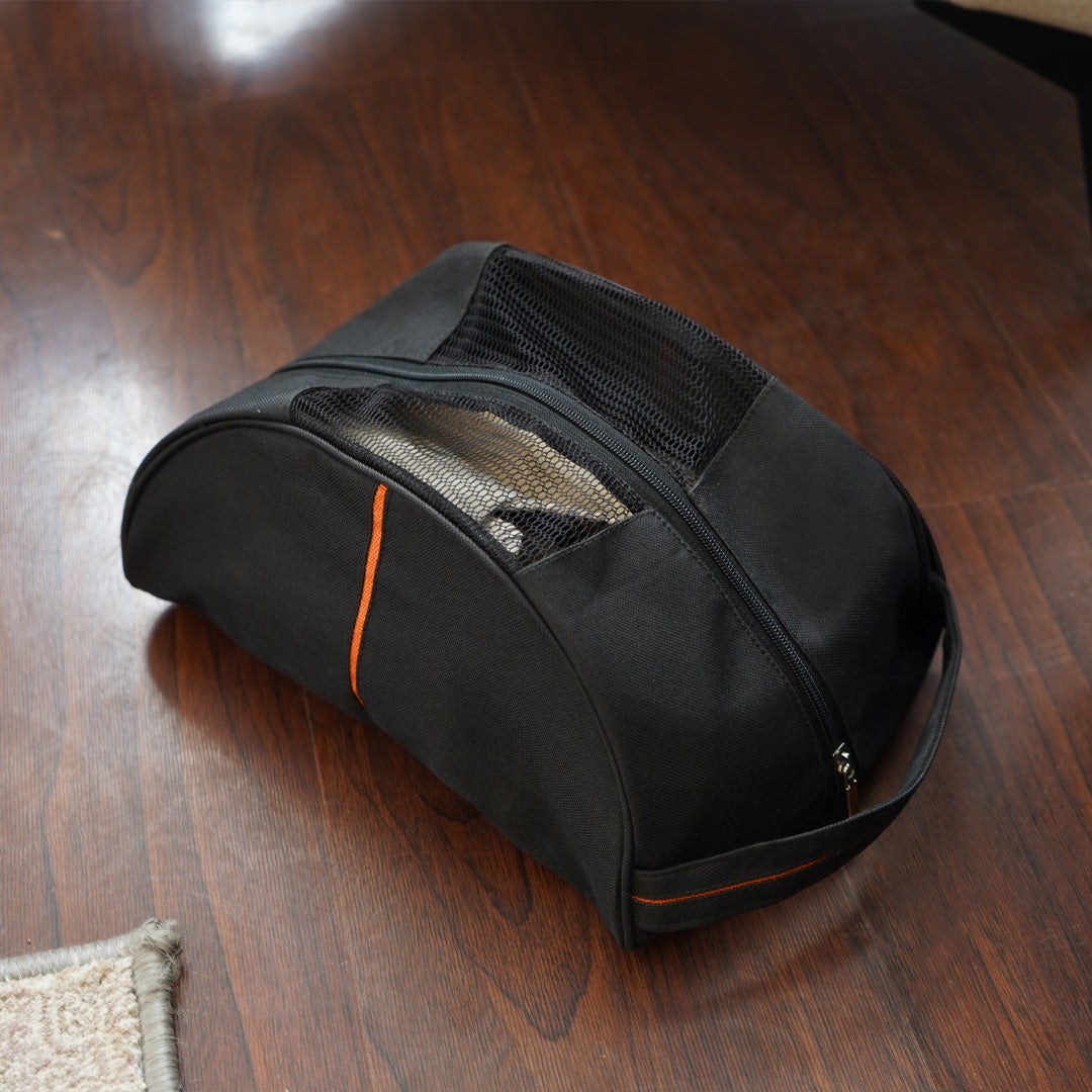Travel shoe bag organizer in black color featuring breathable mesh windows, lightweight design, and spacious compartment for sneakers and casual footwear.
