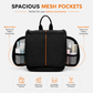 Travel toiletry organizer bag open with multiple storage sections and hanging hook