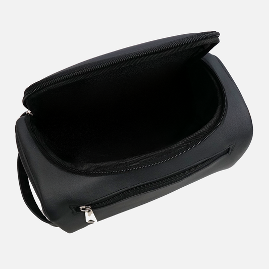 Unisex black toiletry bag with zipper and structured design