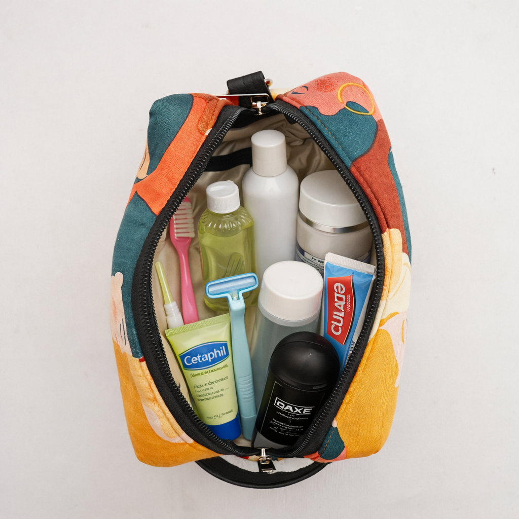 abstract print toiletry bag open view spacious cosmetic pouch for travel essentials