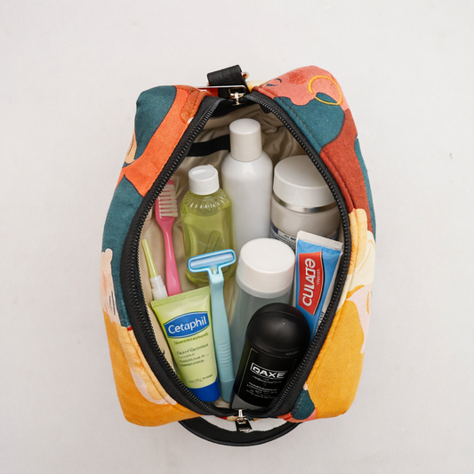 abstract print toiletry bag open view spacious cosmetic pouch for travel essentials