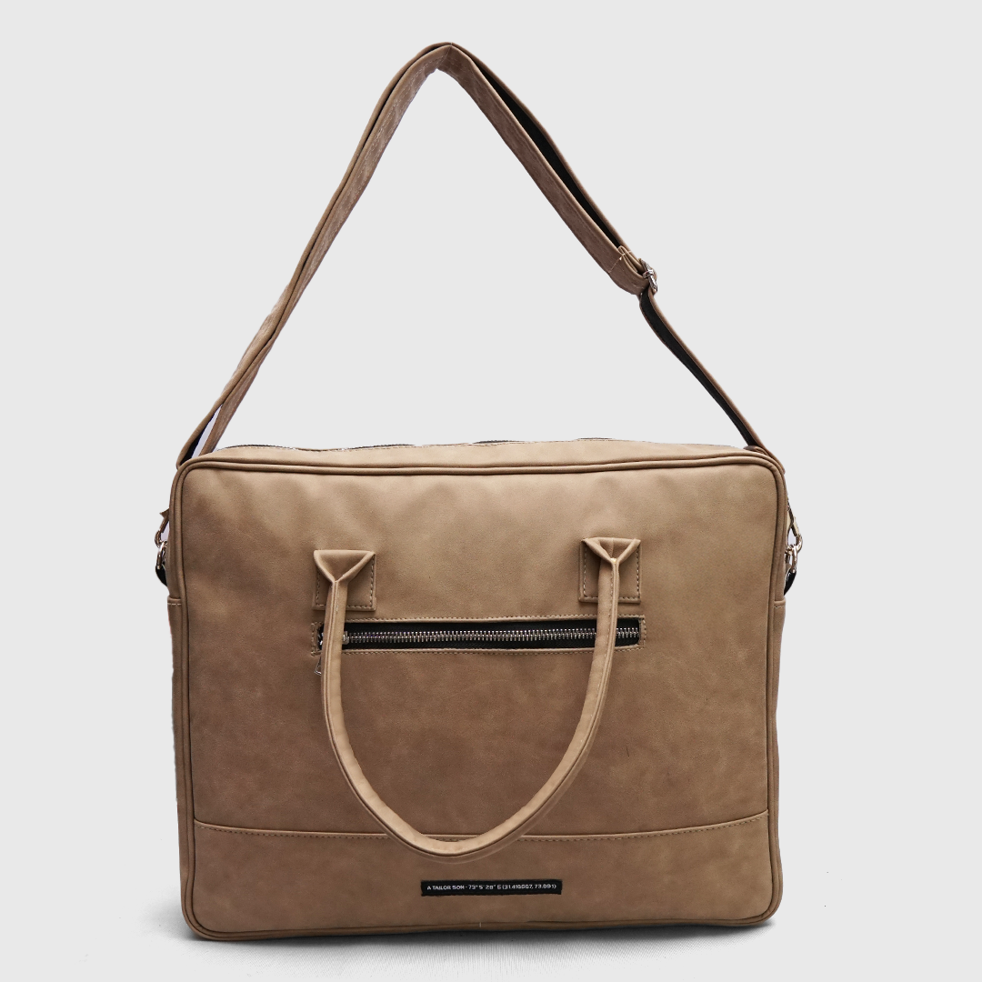 beige office laptop bag side angle with shoulder strap