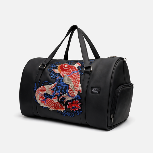 black duffle bag with koi fish embroidery premium design