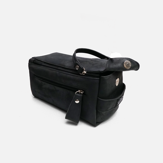 black leather men toiletry bag premium travel wash bag front view