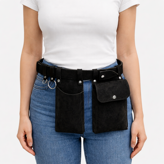 black multi pocket waist belt bag faux leather utility belt organizer with pouches