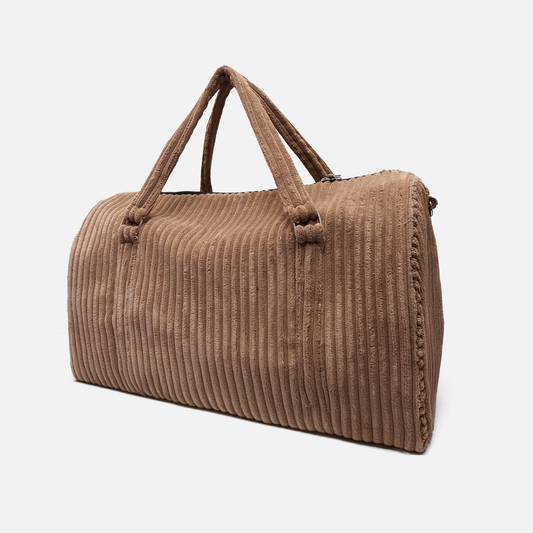 brown duffle bag with side zip compartment for shoes and accessories