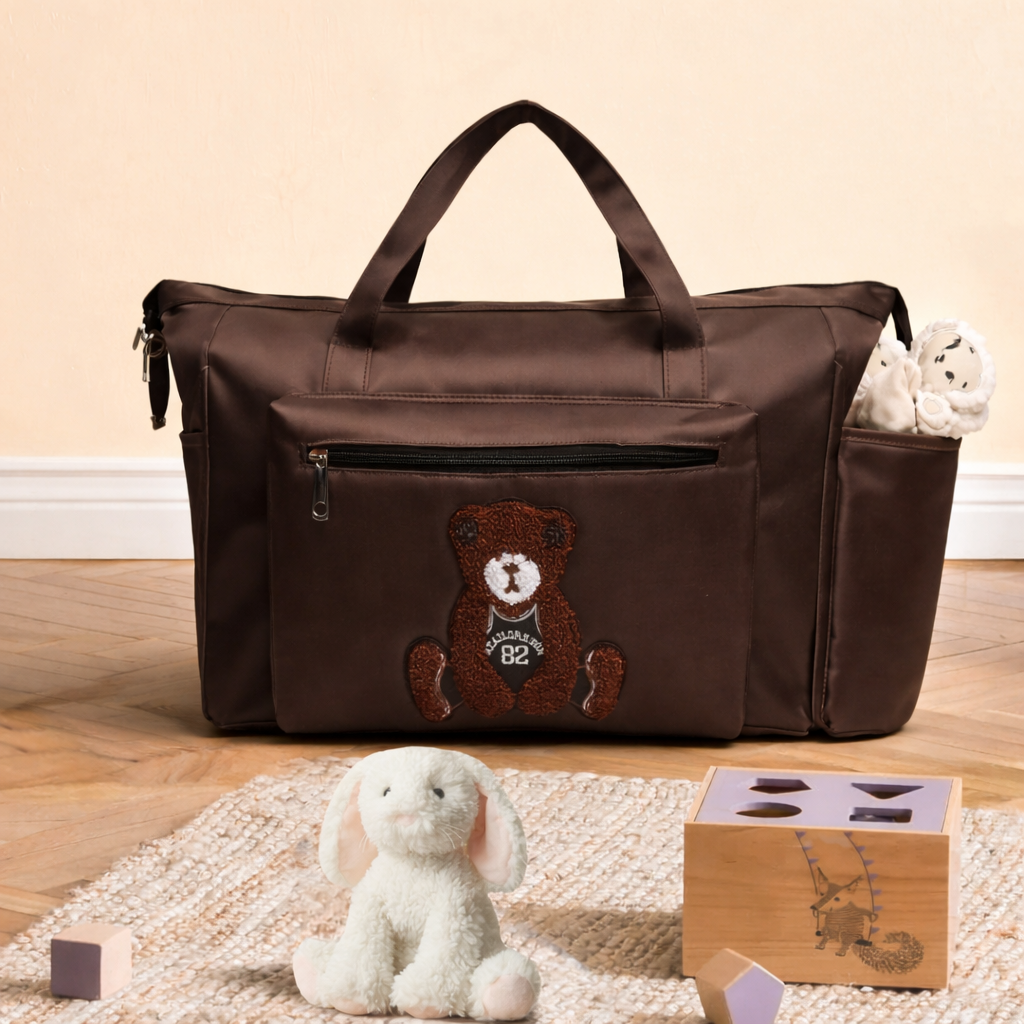 brown teddy diaper bag for baby travel and daily use