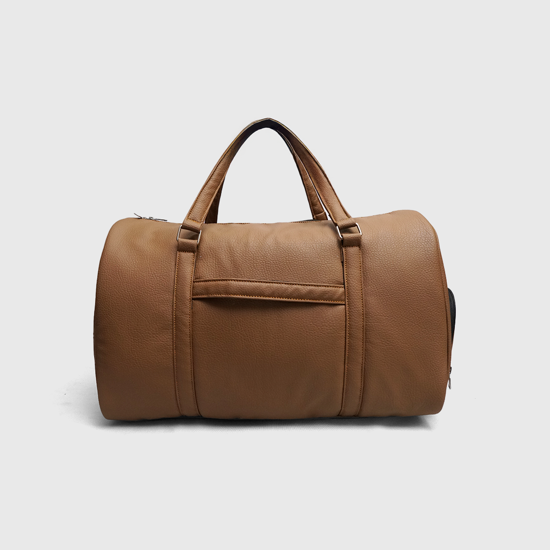 brown travel duffle bag with shoe compartment