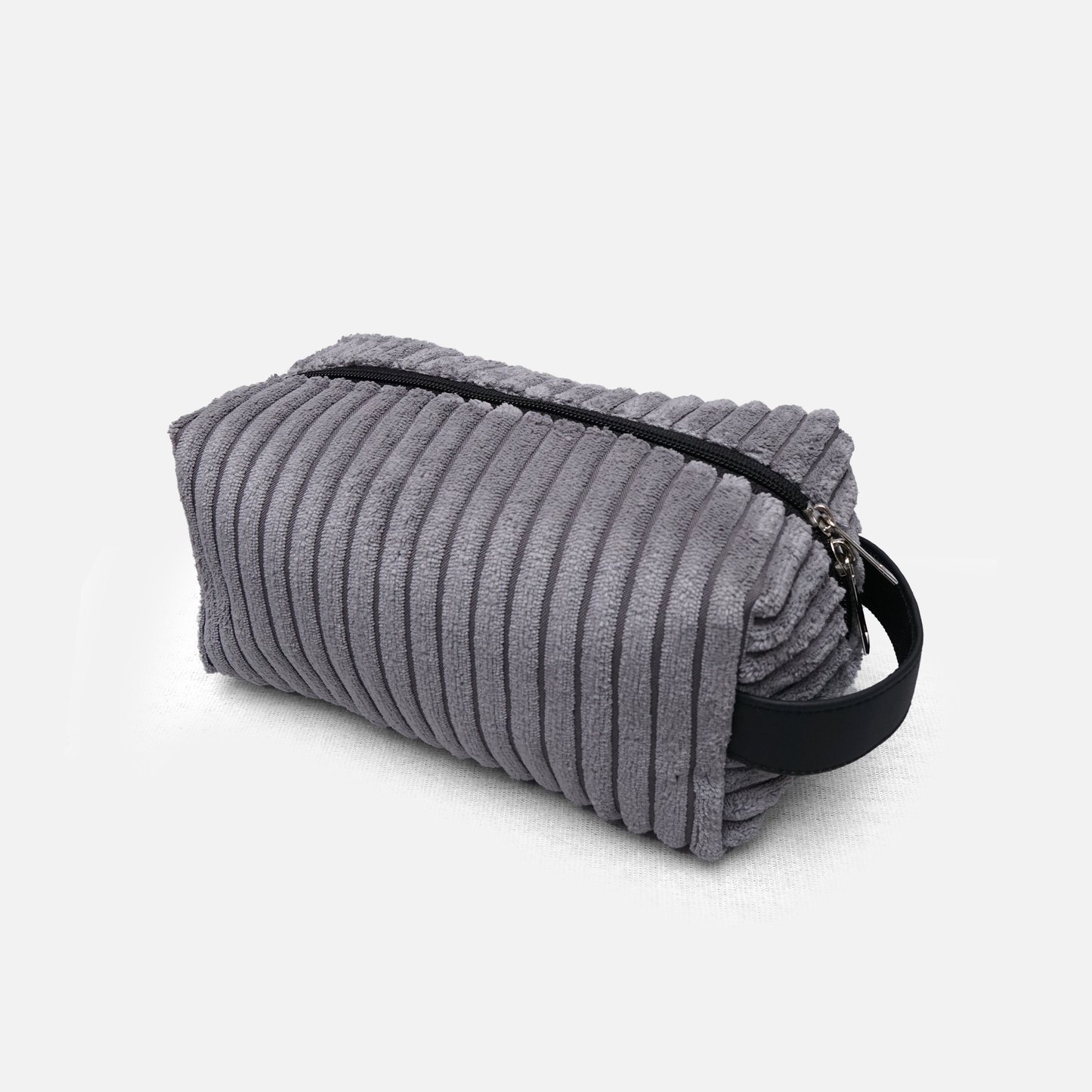compact grey cosmetic travel pouch