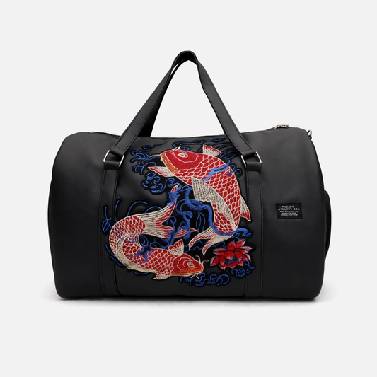 koi embroidered duffle bag black travel gym bag