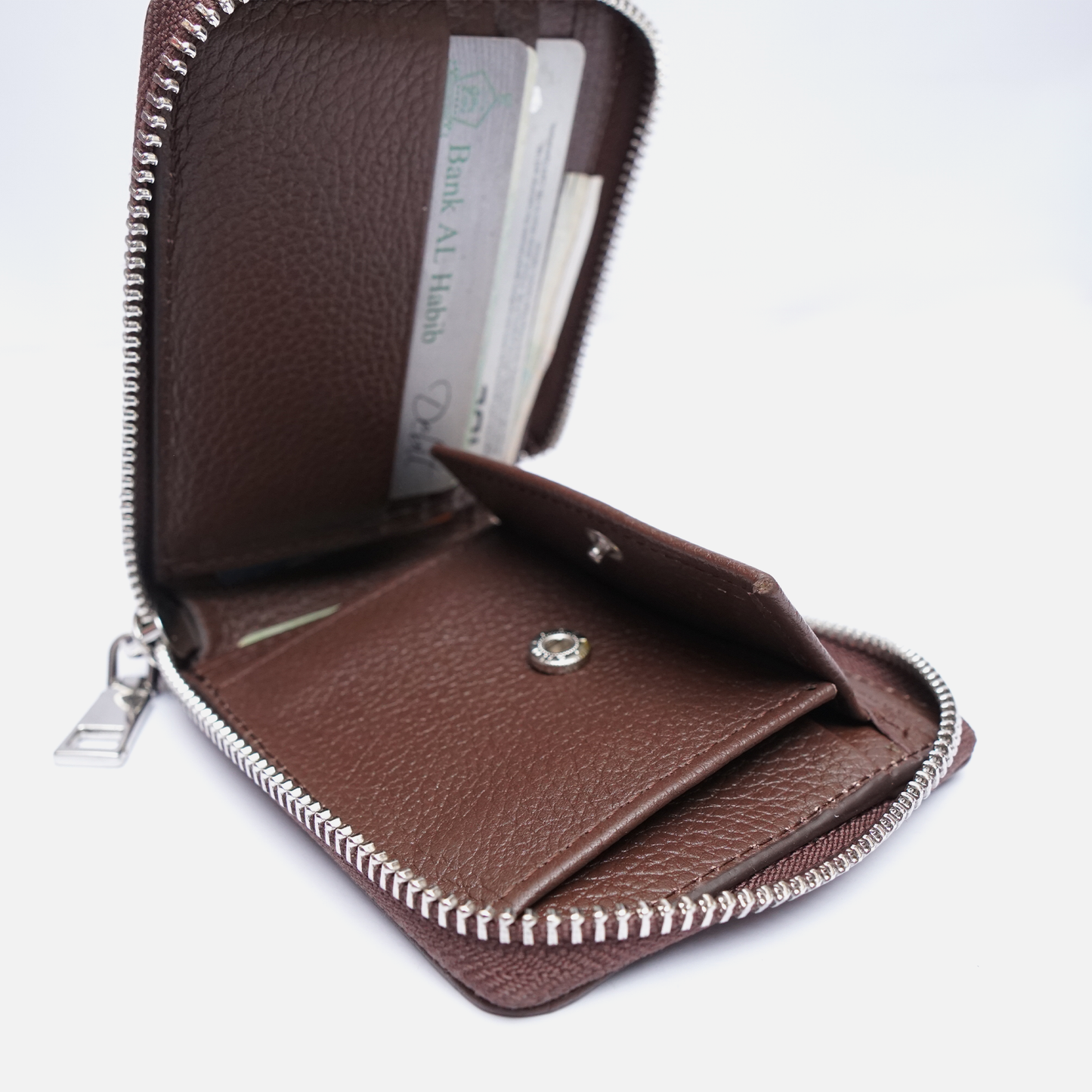 mens brown leather zip wallet compact minimalist design