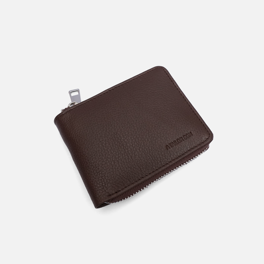 mens brown leather zip wallet compact minimalist design