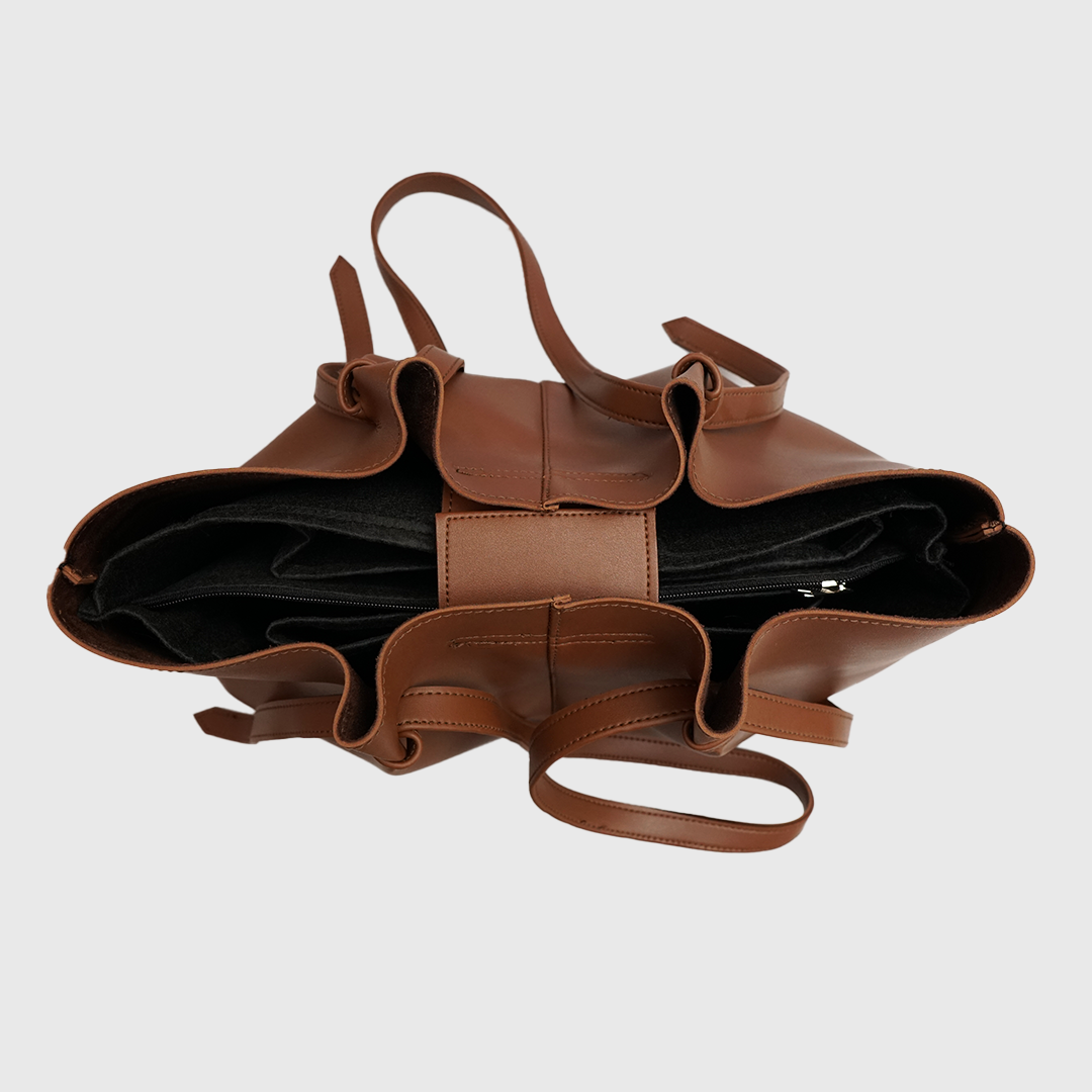 minimalist brown tote bag inner pockets organizer compartments leather look bag
