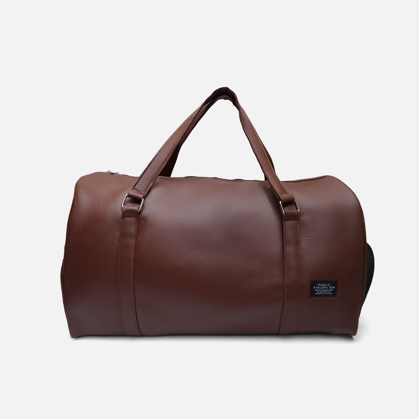 brown duffle bag with side zip compartment for shoes and accessories