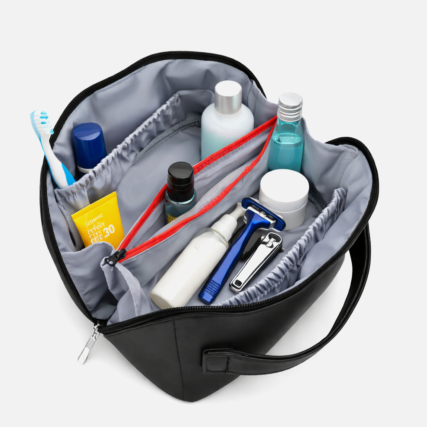 toiletry bag with divider and zip compartments