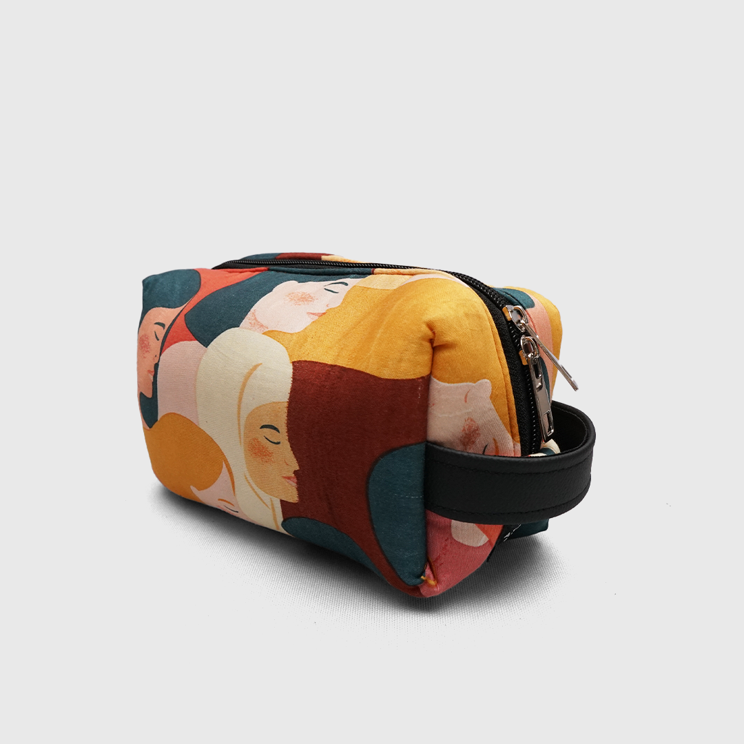 travel toiletry bag with compartments holding skincare makeup essentials abstract design pouch